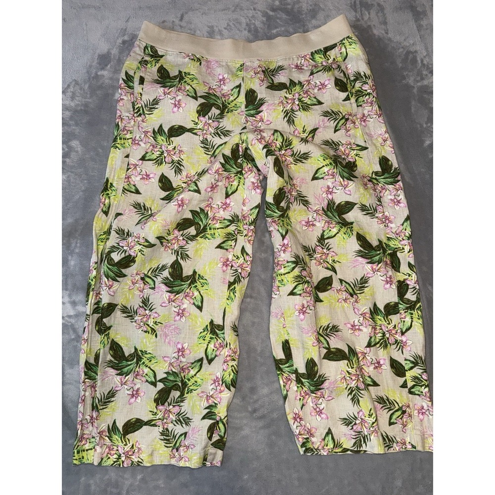 J. Jill Love Linen Womens Sz L Wide Leg Pants Tropical Print Pull On Elastic